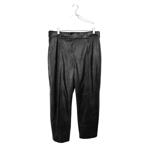 Ted Baker High Waist Black Faux Leather Pants Trousers Cropped Pleated Size 12 - Picture 2 of 12